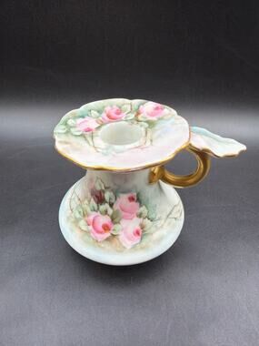 Antique PH Leonard Vienna Austria Porcelain Chamberstick Pink Roses Gold Gilt